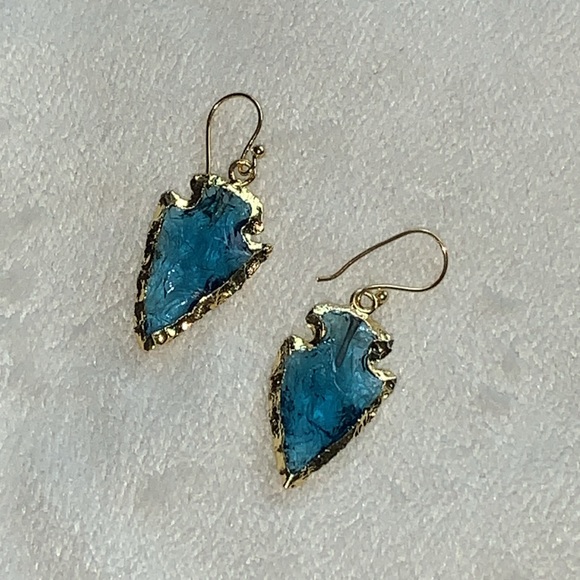 Arrowhead earrings clear blue textured jewel glass gold framed pierced new - Picture 2 of 12